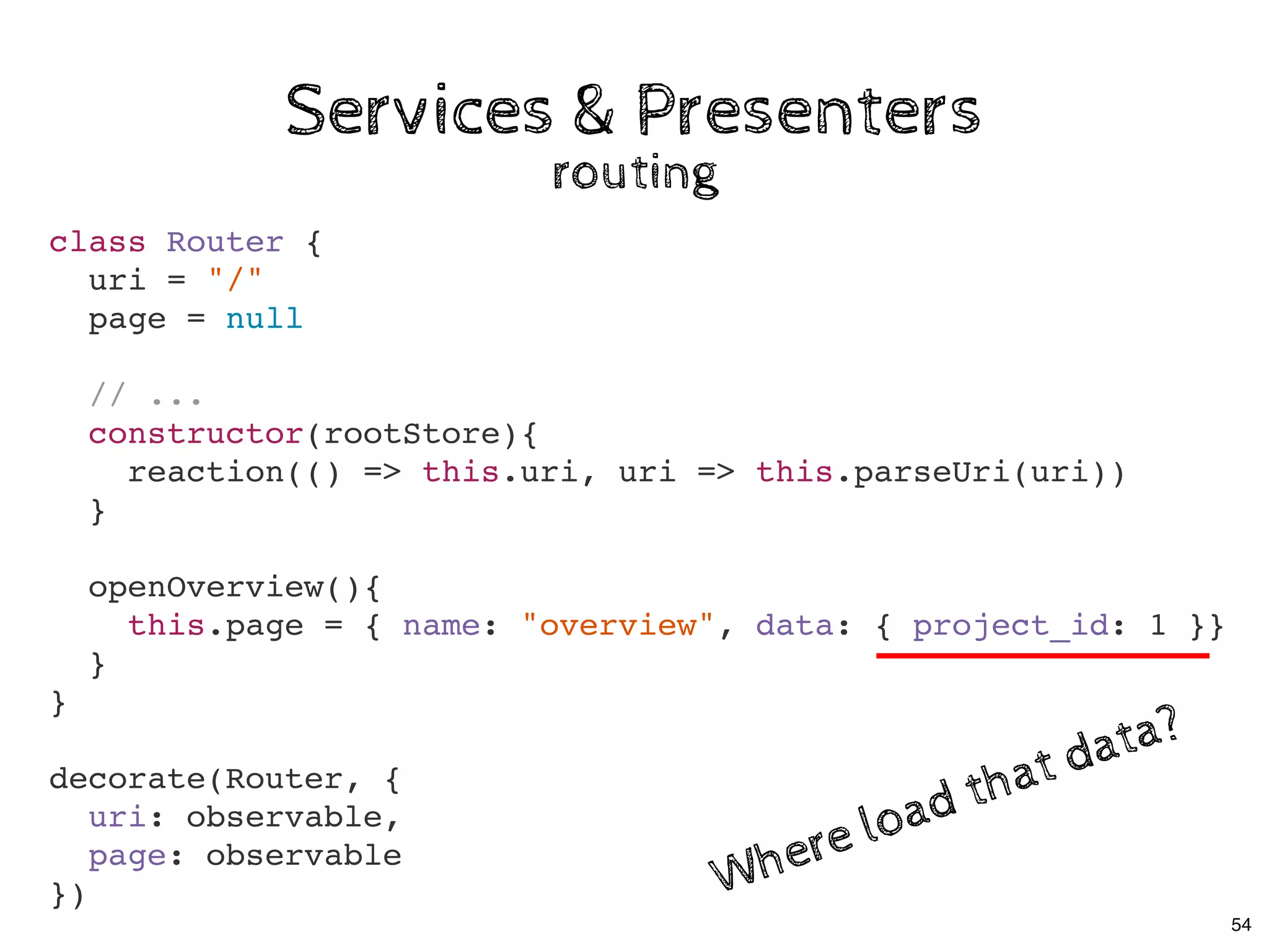 Services & PresentersServices & Presenters
routingrouting
class Router {
uri = "/"
page = null
// ...
constructor(rootStore){
reaction(() => this.uri, uri => this.parseUri(uri))
}
openOverview(){
this.page = { name: "overview", data: { project_id: 1 }}
}
}
decorate(Router, {
uri: observable,
page: observable
}) Where load that data?
Where load that data?
54
 