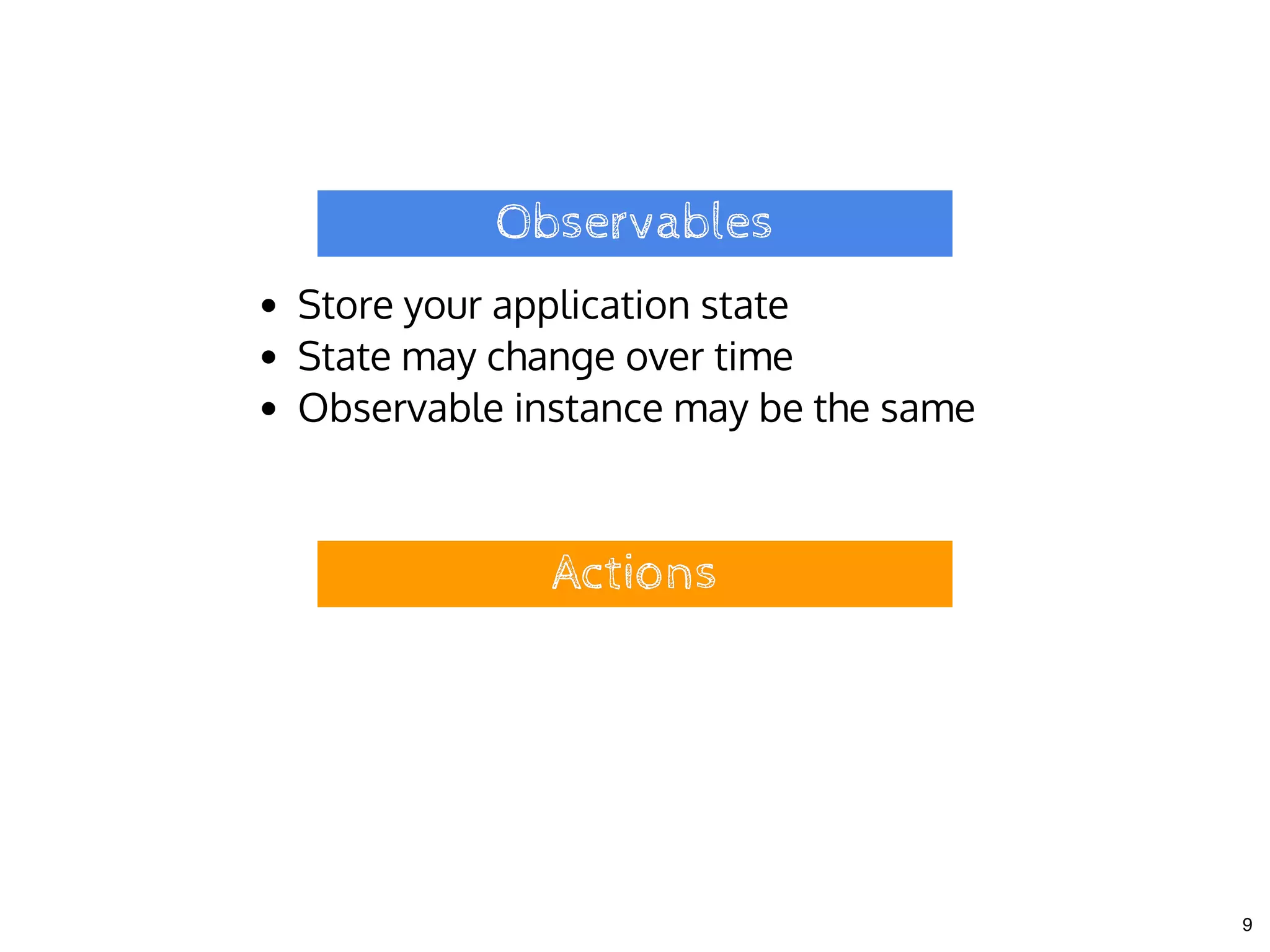 ObservablesObservables
Store your application state
State may change over time
Observable instance may be the same
ActionsActions
9
 