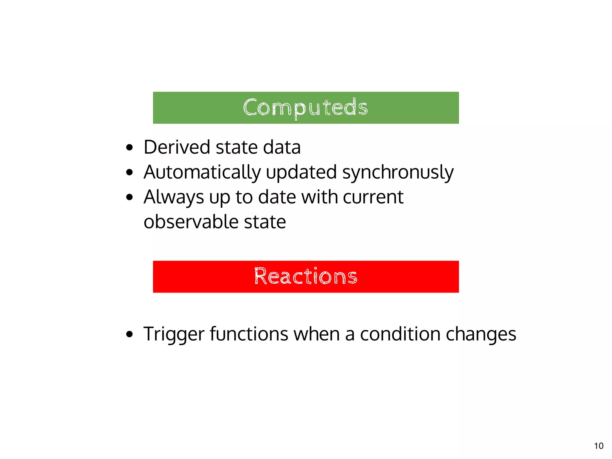 ComputedsComputeds
Derived state data
Automatically updated synchronusly
Always up to date with current
observable state
ReactionsReactions
Trigger functions when a condition changes
10
 