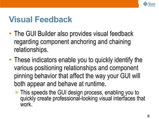 Visual Feedback
• The GUI Builder also provides visual feedback
  regarding component anchoring and chaining
  relationshi...