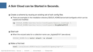 Apache Big Data North America | Vancouver | 05.05.2016 | Johannes Weigend | © QAware GmbH
A Solr Cloud can be Started in Seconds.
■ Create a scheme by reusing an existing set of solr config files

■ There are examples in the installation directory $SOLR_HOME/server/solr/configsets which can be
copied and modified

■ Start solr

■ When the wizzard asks for a collection name use „bigdata2016“ (see above)

■ Make a first test
cp $SOLR_HOME/server/solr/configset/basic_configs 
$SOLR_HOME/server/solr/configsets/bigdata2016
$SOLR_HOME/bin/solr start –e cloud
curl localhost:8983/solr/jax2016/query?q=*:*
 