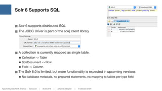 Apache Big Data North America | Vancouver | 05.05.2016 | Johannes Weigend | © QAware GmbH
Solr 6 Supports SQL
■ Solr 6 supports distributed SQL

■ The JDBC Driver is part of the solrj client library

■ A collection is currently mapped as single table. 

■ Collection -> Table

■ SolrDocument -> Row

■ Field -> Column

■ The Solr 6.0 is limited, but more functionality is expected in upcoming versions

■ No database metadata, no prepared statements, no mapping to tables per type field
 