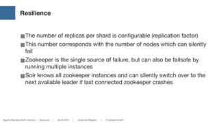 Apache Big Data North America | Vancouver | 05.05.2016 | Johannes Weigend | © QAware GmbH
Resilience
■The number of replicas per shard is configurable (replication factor)

■This number corresponds with the number of nodes which can silently
fail

■Zookeeper is the single source of failure, but can also be failsafe by
running multiple instances

■Solr knows all zookeeper instances and can silently switch over to the
next available leader if last connected zookeeper crashes
 