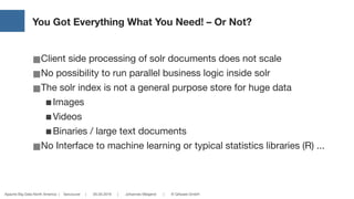 Apache Big Data North America | Vancouver | 05.05.2016 | Johannes Weigend | © QAware GmbH
You Got Everything What You Need! – Or Not?
■Client side processing of solr documents does not scale

■No possibility to run parallel business logic inside solr

■The solr index is not a general purpose store for huge data

■Images

■Videos

■Binaries / large text documents

■No Interface to machine learning or typical statistics libraries (R) ...
28
 