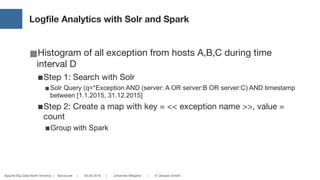 Apache Big Data North America | Vancouver | 05.05.2016 | Johannes Weigend | © QAware GmbH
Logfile Analytics with Solr and Spark
■Histogram of all exception from hosts A,B,C during time
interval D

■Step 1: Search with Solr

■Solr Query (q=*Exception AND (server: A OR server:B OR server:C) AND timestamp
between [1.1.2015, 31.12.2015]
■Step 2: Create a map with key = << exception name >>, value =
count

■Group with Spark
 
