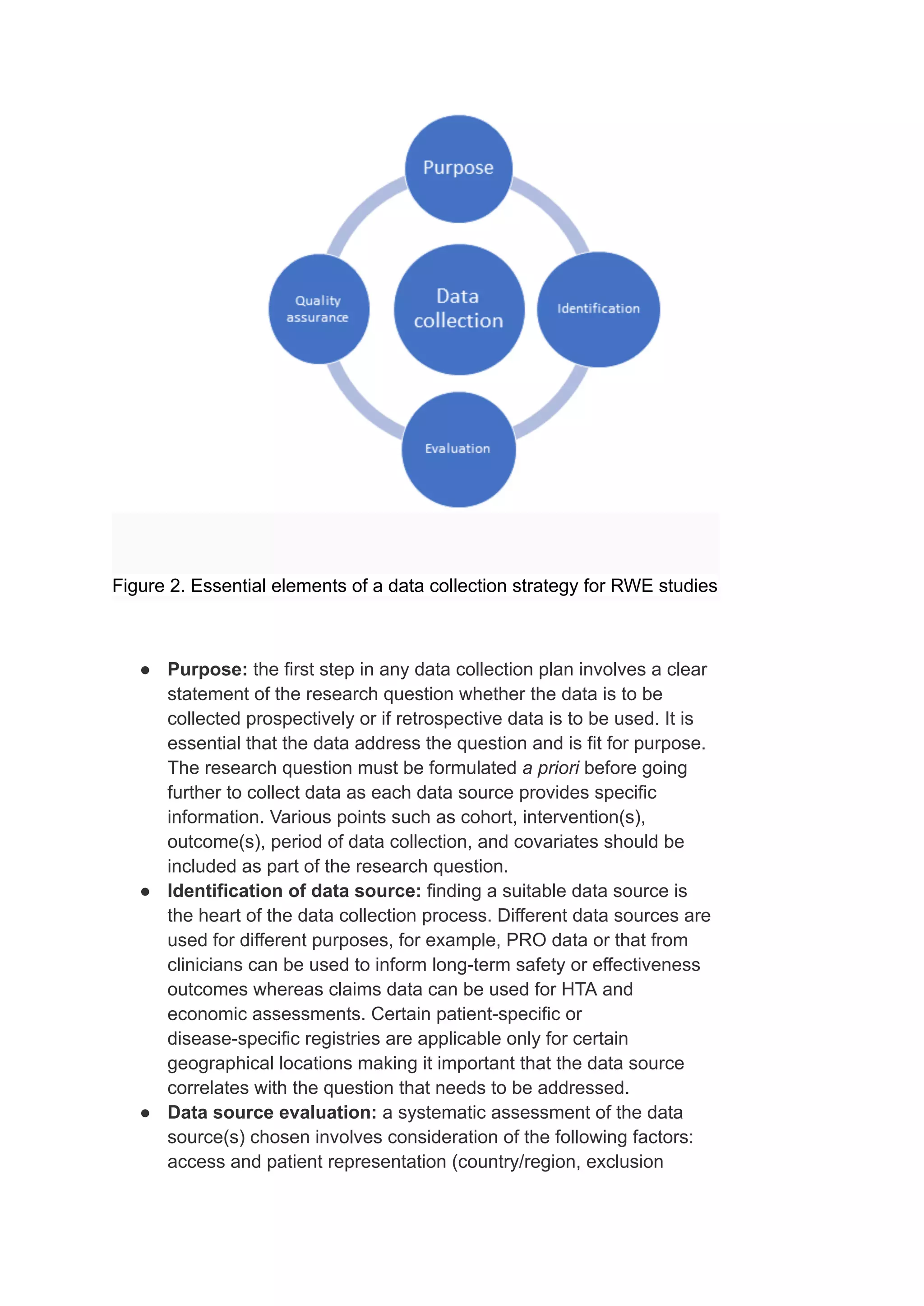 Figure 2. Essential elements of a data collection strategy for RWE studies
● Purpose: the first step in any data collection plan involves a clear
statement of the research question whether the data is to be
collected prospectively or if retrospective data is to be used. It is
essential that the data address the question and is fit for purpose.
The research question must be formulated a priori before going
further to collect data as each data source provides specific
information. Various points such as cohort, intervention(s),
outcome(s), period of data collection, and covariates should be
included as part of the research question.
● Identification of data source: finding a suitable data source is
the heart of the data collection process. Different data sources are
used for different purposes, for example, PRO data or that from
clinicians can be used to inform long-term safety or effectiveness
outcomes whereas claims data can be used for HTA and
economic assessments. Certain patient-specific or
disease-specific registries are applicable only for certain
geographical locations making it important that the data source
correlates with the question that needs to be addressed.
● Data source evaluation: a systematic assessment of the data
source(s) chosen involves consideration of the following factors:
access and patient representation (country/region, exclusion
 