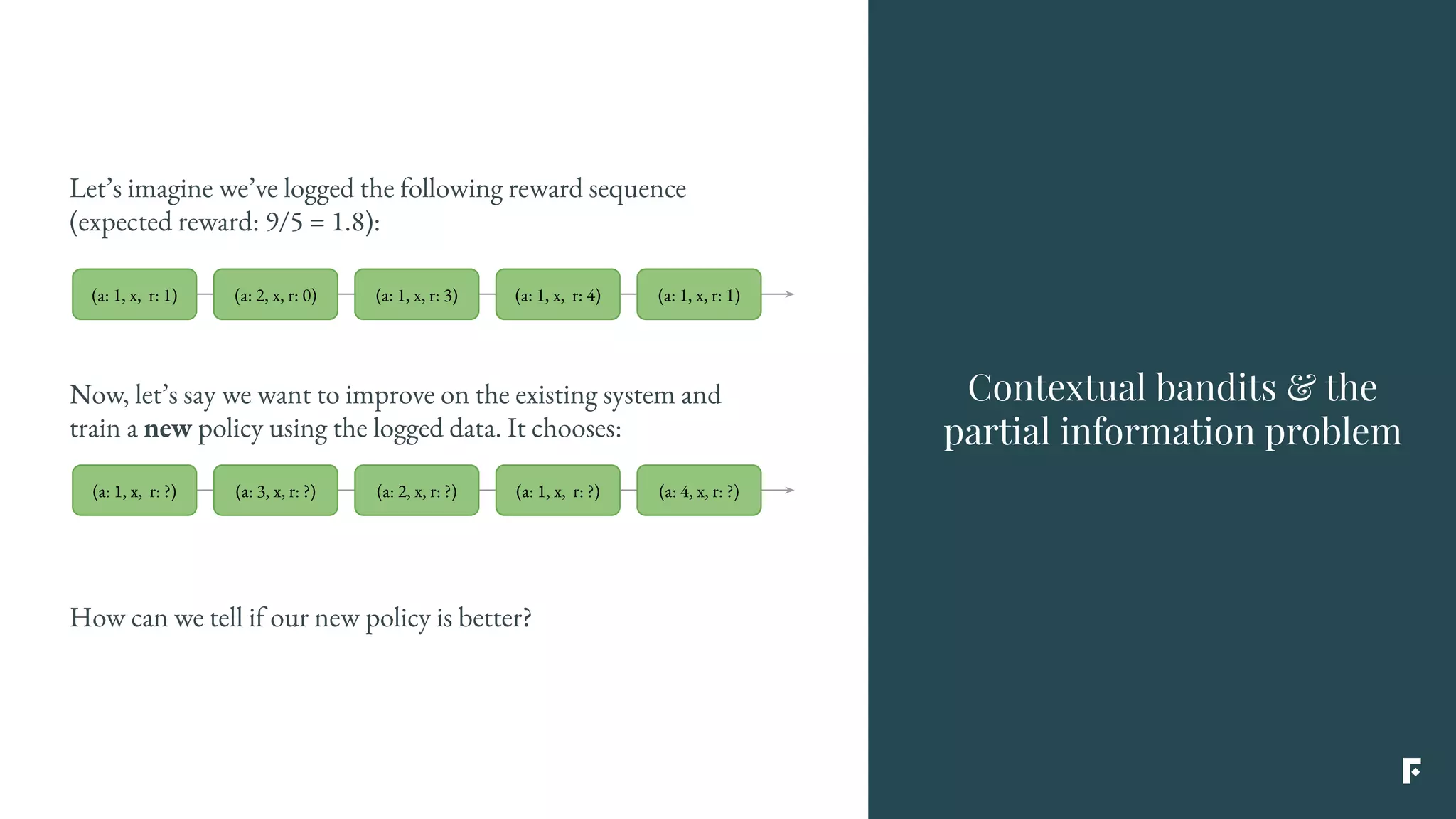 Contextual bandits & the
partial information problem
(a: 1, x, r: 1) (a: 2, x, r: 0) (a: 1, x, r: 3) (a: 1, x, r: 4) (a: 1, x, r: 1)
Now, let’s say we want to improve on the existing system and
train a new policy using the logged data. It chooses:
(a: 1, x, r: ?) (a: 3, x, r: ?) (a: 2, x, r: ?) (a: 1, x, r: ?) (a: 4, x, r: ?)
How can we tell if our new policy is better?
Let’s imagine we’ve logged the following reward sequence
(expected reward: 9/5 = 1.8):
 