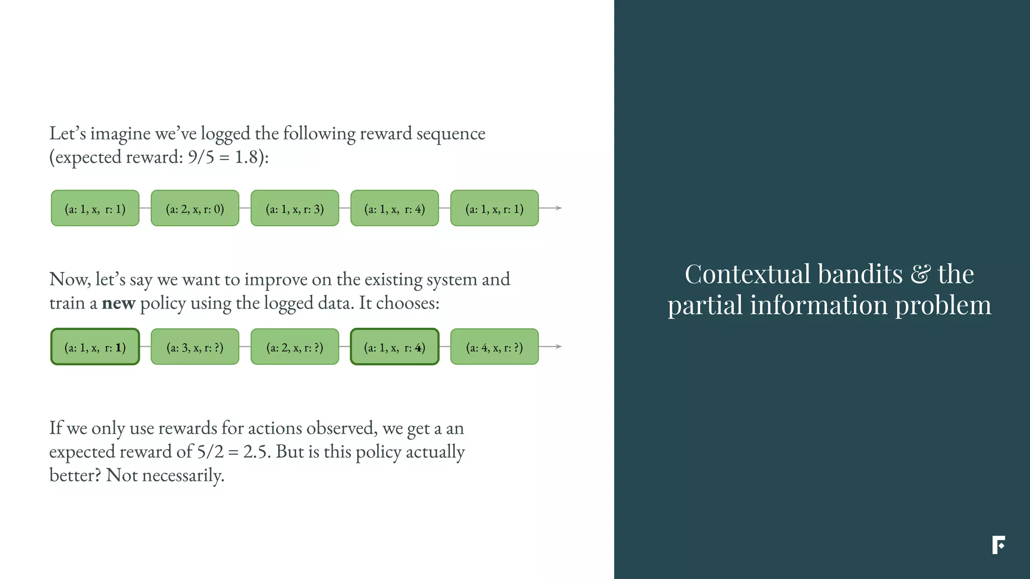 Contextual bandits & the
partial information problem
Now, let’s say we want to improve on the existing system and
train a new policy using the logged data. It chooses:
(a: 1, x, r: 1) (a: 3, x, r: ?) (a: 2, x, r: ?) (a: 1, x, r: 4) (a: 4, x, r: ?)
If we only use rewards for actions observed, we get a an
expected reward of 5/2 = 2.5. But is this policy actually
better? Not necessarily.
(a: 1, x, r: 1) (a: 2, x, r: 0) (a: 1, x, r: 3) (a: 1, x, r: 4) (a: 1, x, r: 1)
Let’s imagine we’ve logged the following reward sequence
(expected reward: 9/5 = 1.8):
 