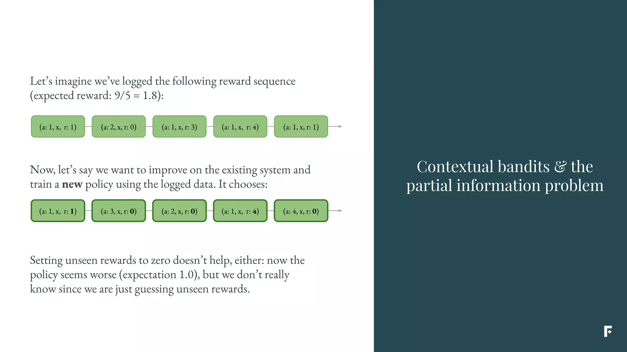 Contextual bandits & the
partial information problem
Now, let’s say we want to improve on the existing system and
train a new policy using the logged data. It chooses:
(a: 1, x, r: 1) (a: 3, x, r: 0) (a: 2, x, r: 0) (a: 1, x, r: 4) (a: 4, x, r: 0)
Setting unseen rewards to zero doesn’t help, either: now the
policy seems worse (expectation 1.0), but we don’t really
know since we are just guessing unseen rewards.
(a: 1, x, r: 1) (a: 2, x, r: 0) (a: 1, x, r: 3) (a: 1, x, r: 4) (a: 1, x, r: 1)
Let’s imagine we’ve logged the following reward sequence
(expected reward: 9/5 = 1.8):
 