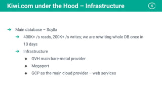 ➔ Main database – Scylla
➔ 400K+ /s reads, 200K+ /s writes; we are rewriting whole DB once in
10 days
➔ Infrastructure
◆ OVH main bare-metal provider
◆ Megaport
◆ GCP as the main cloud provider – web services
Kiwi.com under the Hood – Infrastructure
 