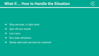What if…. How to Handle the Situation
➔ Stop services, in right order
➔ Spin off new cluster
➔ Let it sync
➔ Run data refreshers
➔ Slowly start web services for customer
 