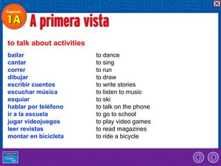 bailar to dance
cantar to sing
correr to run
dibujar to draw
escribir cuentos to write stories
escuchar música to listen to music
esquiar to ski
hablar por teléfono to talk on the phone
ir a la escuela to go to school
jugar videojuegos to play video games
leer revistas to read magazines
montar en bicicleta to ride a bicycle
to talk about activities
 