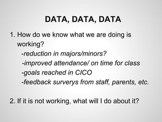 DATA, DATA, DATA
1. How do we know what we are doing is
   working?
    -reduction in majors/minors?
    -improved attendance/ on time for class
    -goals reached in CICO
    -feedback surverys from staff, parents, etc.

2. If it is not working, what will I do about it?
 