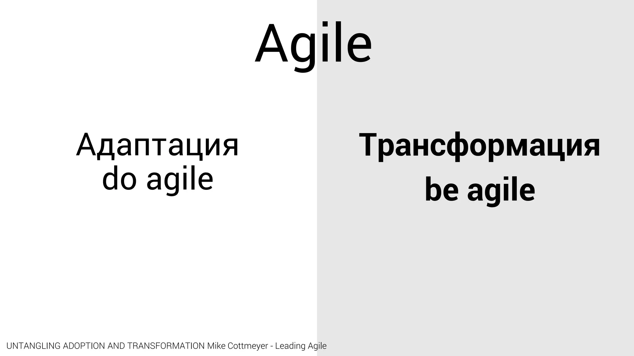 Адаптация
do agile
Трансформация
be agile
UNTANGLING ADOPTION AND TRANSFORMATION Mike Cottmeyer - Leading Agile
Agile
 
