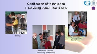 Brazing
Temperature, Pressure,
Subcooling, Superheating
Vacuum, Charge,
Recovery
Certification of technicians
in servicing sector how it runs
 