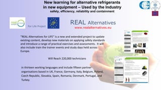 New learning for alternative refrigerants
in new equipment – Used by the Industry
safety, efficiency, reliability and containment
For Life Project
REAL Alternatives
www.realalternatives.eu
”REAL Alternatives for LIFE“ is a new and extended project to update
existing content, develop new materials on applying safety standards
and introduce a range of practical exercises and assessments. It will
also include train the trainer events and study days held across
Europe.
Will Reach 220,000 technicians
in thirteen working languages and include fifteen partner
organisations based in UK, France, Germany, Italy, Belgium, Poland,
Czech Republic, Slovakia, Spain, Romania, Denmark, Portugal, and
Turkey.
 
