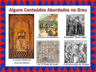 Cativeiro da Babilônia

A continuidade do
Grau de Mestre

Zorobabel, Josué, Ageu

As 12 Tribos de Israel

A reconstrução do Templo

 