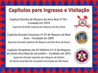 Capítulo Brasília de Maçons do Arco Real nº 50 –
Fundado em 1974
Supremo Grande Capítulo de Maçons do Arco Real

Capítulo Grande Campinas nº 37 de Maçons do Real
Arco – Fundado em 2007
Supremo Grande Capítulo de Maçons do Real Arco do Brasil

Capítulo Templários do IIIº Milênio nº 17 de Maçons
do Santo Arco Real de Jerusalém – Fundado em 2011
Supremo Grande Capítulo dos Maçons da Ordem
do Santo Arco Real de Jerusalém do Estado de São Paulo

 