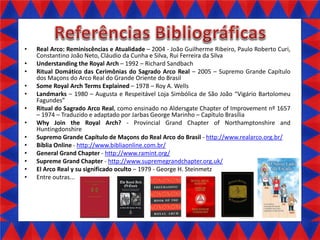 •

•
•
•
•

•
•
•
•
•
•
•
•

Real Arco: Reminiscências e Atualidade – 2004 - João Guilherme Ribeiro, Paulo Roberto Curi,
Constantino João Neto, Cláudio da Cunha e Silva, Rui Ferreira da Silva
Understanding the Royal Arch – 1992 – Richard Sandbach
Ritual Domático das Cerimônias do Sagrado Arco Real – 2005 – Supremo Grande Capítulo
dos Maçons do Arco Real do Grande Oriente do Brasil
Some Royal Arch Terms Explained – 1978 – Roy A. Wells
Landmarks – 1980 – Augusta e Respeitável Loja Simbólica de São João Vigário Bartolomeu
Fagu des
Ritual do Sagrado Arco Real, como ensinado no Aldersgate Chapter of Improvement nº 1657
– 1974 – Traduzido e adaptado por Jarbas George Marinho – Capítulo Brasília
Why Join the Royal Arch? - Provincial Grand Chapter of Northamptonshire and
Huntingdonshire
Supremo Grande Capítulo de Maçons do Real Arco do Brasil - http://www.realarco.org.br/
Bíblia Online - http://www.bibliaonline.com.br/
General Grand Chapter - http://www.ramint.org/
Supreme Grand Chapter - http://www.supremegrandchapter.org.uk/
El Arco Real y su significado oculto – 1979 - George H. Steinmetz
Entre outras...

 