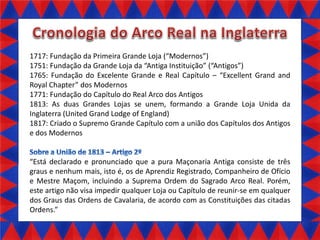 1717: Fundação da Primeira Grande Loja Moder os
1751: Fundação da Grande Loja da A tiga I stituição A tigos
1765: Fundação do Excelente Grande e Real Capítulo – Excellent Grand and
Royal Chapter dos Modernos
1771: Fundação do Capítulo do Real Arco dos Antigos
1813: As duas Grandes Lojas se unem, formando a Grande Loja Unida da
Inglaterra (United Grand Lodge of England)
1817: Criado o Supremo Grande Capítulo com a união dos Capítulos dos Antigos
e dos Modernos

Está declarado e pronunciado que a pura Maçonaria Antiga consiste de três
graus e nenhum mais, isto é, os de Aprendiz Registrado, Companheiro de Ofício
e Mestre Maçom, incluindo a Suprema Ordem do Sagrado Arco Real. Porém,
este artigo não visa impedir qualquer Loja ou Capítulo de reunir-se em qualquer
dos Graus das Ordens de Cavalaria, de acordo com as Constituições das citadas
Ordens.

 