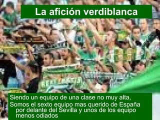 La afición verdiblanca Siendo un equipo de una clase no muy alta, Somos el sexto equipo mas querido de España por delante del Sevilla y unos de los equipo menos odiados 