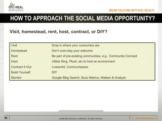 HOW TO APPROACH THE SOCIAL MEDIA OPPORTUNITY? Visit, homestead, rent, host, contract, or DIY? Utilize Ning, Pluck, etc to host an environment Host Liveworld, Communispace Contract It Out DIY Build Yourself Google Blog Search, Buzz Metrics, Nielsen & Analyze Monitor  Be part of pre-existing communities, e.g.. Community Connect Rent Don’t over-stay your welcome Homestead Drop in where your consumers are  Visit  