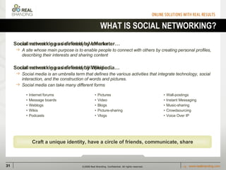 WHAT IS SOCIAL NETWORKING? Social networking as defined by eMarketer… A site whose main purpose is to enable people to connect with others by creating personal profiles, describing their interests and sharing content Social networking as defined by Wikipedia… Social media is an umbrella term that defines the various activities that integrate technology, social interaction, and the construction of words and pictures.  Social media can take many different forms Craft a unique identity, have a circle of friends, communicate, share Social networking as defined by eMarketer… A site whose main purpose is to enable people to connect with others by creating personal profiles, describing their interests and sharing content Social networking as defined by Wikipedia… Social media is an umbrella term that defines the various activities that integrate technology, social interaction, and the construction of words and pictures.  Social media can take many different forms Internet forums Message boards Weblogs Wikis Podcasts Pictures Video Blogs Picture-sharing Vlogs Wall-postings  Instant Messaging Music-sharing Crowdsourcing Voice Over IP 