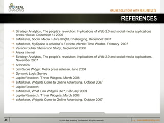 REFERENCES Strategy Analytics, The people’s revolution: Implications of Web 2.0 and social media applications press release, December 12 2007 eMarketer, Social Media Future Bright, Challenging, December 2007 eMarketer, MySpace is America’s Favorite Internet Time Waster, February  2007 Veronis Suhler Stevenson Study, September 2006 Alexa Internet Strategy Analytics, The people’s revolution: Implications of Web 2.0 and social media applications, November 2007 Adnomics comScore Widget Metrix press release, June 2007 Dynamic Logic Survey JupiterResearch, Travel Widgets, March 2008 eMarketer, Widgets Come to Online Advertising, October 2007 JupiterResearch eMarketer, What Can Widgets Do?, February 2009 JupiterResearch, Travel Widgets, March 2008 eMarketer, Widgets Come to Online Advertising, October 2007 