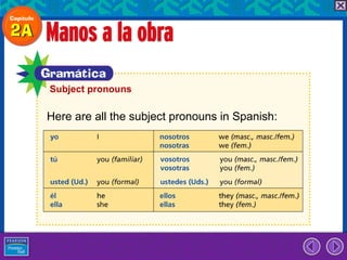 Subject pronouns

Here are all the subject pronouns in Spanish:
 
