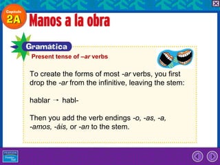 Present tense of –ar verbs

To create the forms of most -ar verbs, you first
drop the -ar from the infinitive, leaving the stem:

hablar    habl-

Then you add the verb endings -o, -as, -a,
-amos, -áis, or -an to the stem.
 