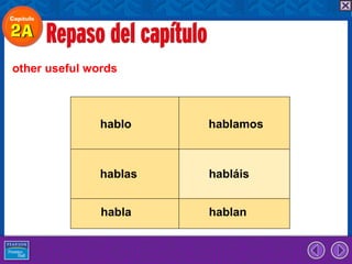 other useful words



               hablo    hablamos



               hablas   habláis


               habla    hablan
 
