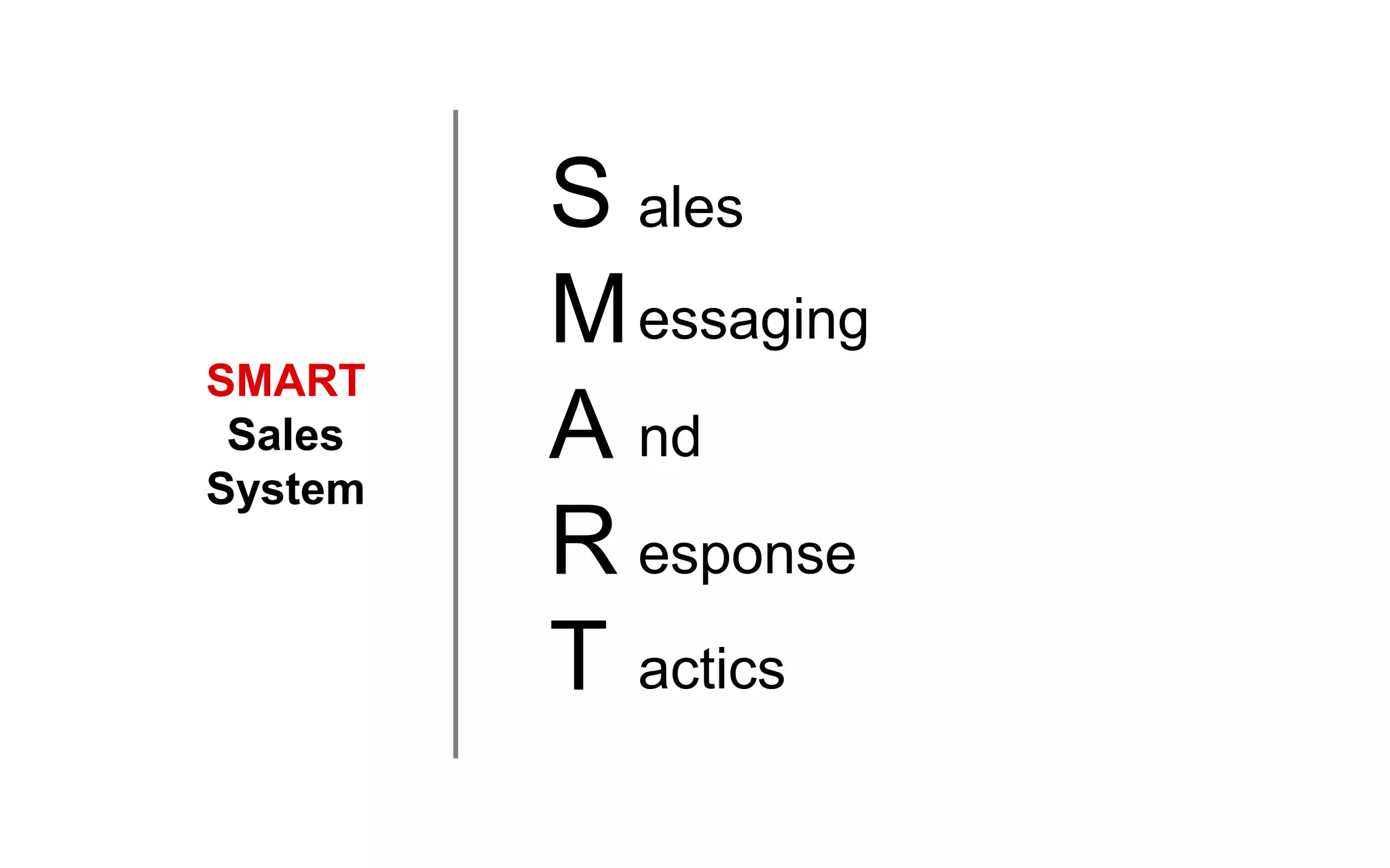 SMART
Sales
System
S
M
A
R
T
ales
essaging
nd
esponse
actics
 