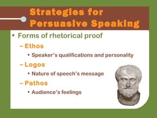 Strategies for
Persuasive Speaking
• Forms of rhetorical proof
– Ethos
• Speaker’s qualifications and personality
– Logos
• Nature of speech’s message
– Pathos
• Audience’s feelings
 