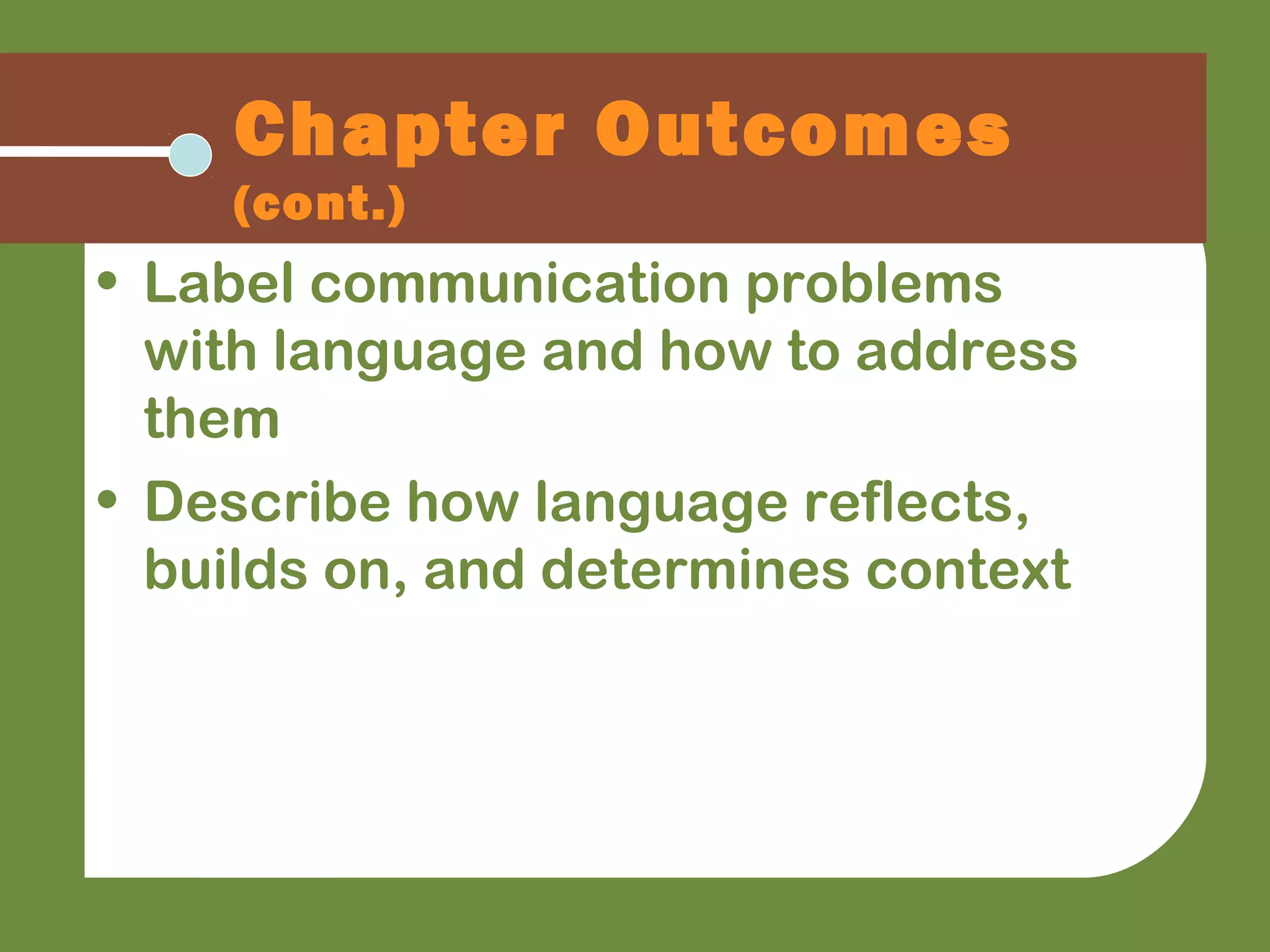 Chapter Outcomes
(cont.)
• Label communication problems
with language and how to address
them
• Describe how language reflects,
builds on, and determines context
 