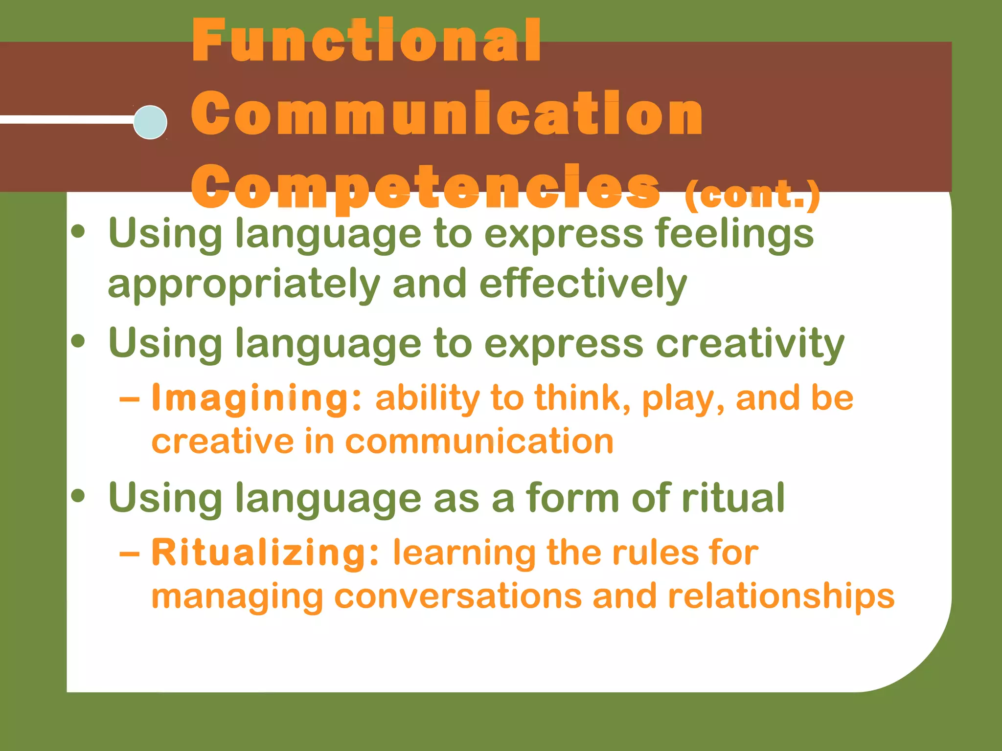 Functional
Communication
Competencies (cont.)
• Using language to express feelings
appropriately and effectively
• Using language to express creativity
– Imagining: ability to think, play, and be
creative in communication
• Using language as a form of ritual
– Ritualizing: learning the rules for
managing conversations and relationships
 