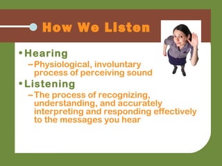 • Hearing
–Physiological, involuntary
process of perceiving sound
• Listening
–The process of recognizing,
understanding, and accurately
interpreting and responding effectively
to the messages you hear
How We Listen
 