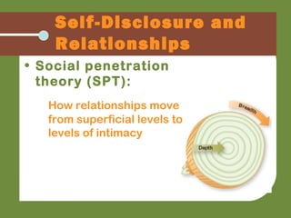 • Social penetration
theory (SPT):
How relationships move
from superficial levels to
levels of intimacy
Self-Disclosure and
Relationships
 