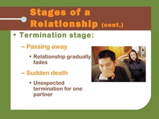 • Termination stage:
– Passing away
• Relationship gradually
fades
– Sudden death
• Unexpected
termination for one
partner
Stages of a
Relationship (cont.)
 