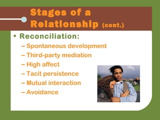 • Reconciliation:
– Spontaneous development
– Third-party mediation
– High affect
– Tacit persistence
– Mutual interaction
– Avoidance
Stages of a
Relationship (cont.)
 