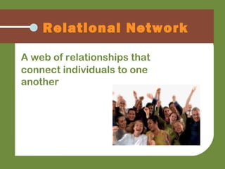 A web of relationships that
connect individuals to one
another
Relational Network
 