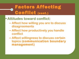 • Attitudes toward conflict:
– Affect how willing you are to discuss
disagreements
– Affect how productively you handle
conflict
– Affect willingness to discuss certain
topics (communication boundary
management)
Factors Affecting
Conflict (cont.)
 