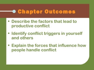 • Describe the factors that lead to
productive conflict
• Identify conflict triggers in yourself
and others
• Explain the forces that influence how
people handle conflict
Chapter Outcomes
 