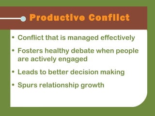Productive Conflict
• Conflict that is managed effectively
• Fosters healthy debate when people
are actively engaged
• Leads to better decision making
• Spurs relationship growth
 