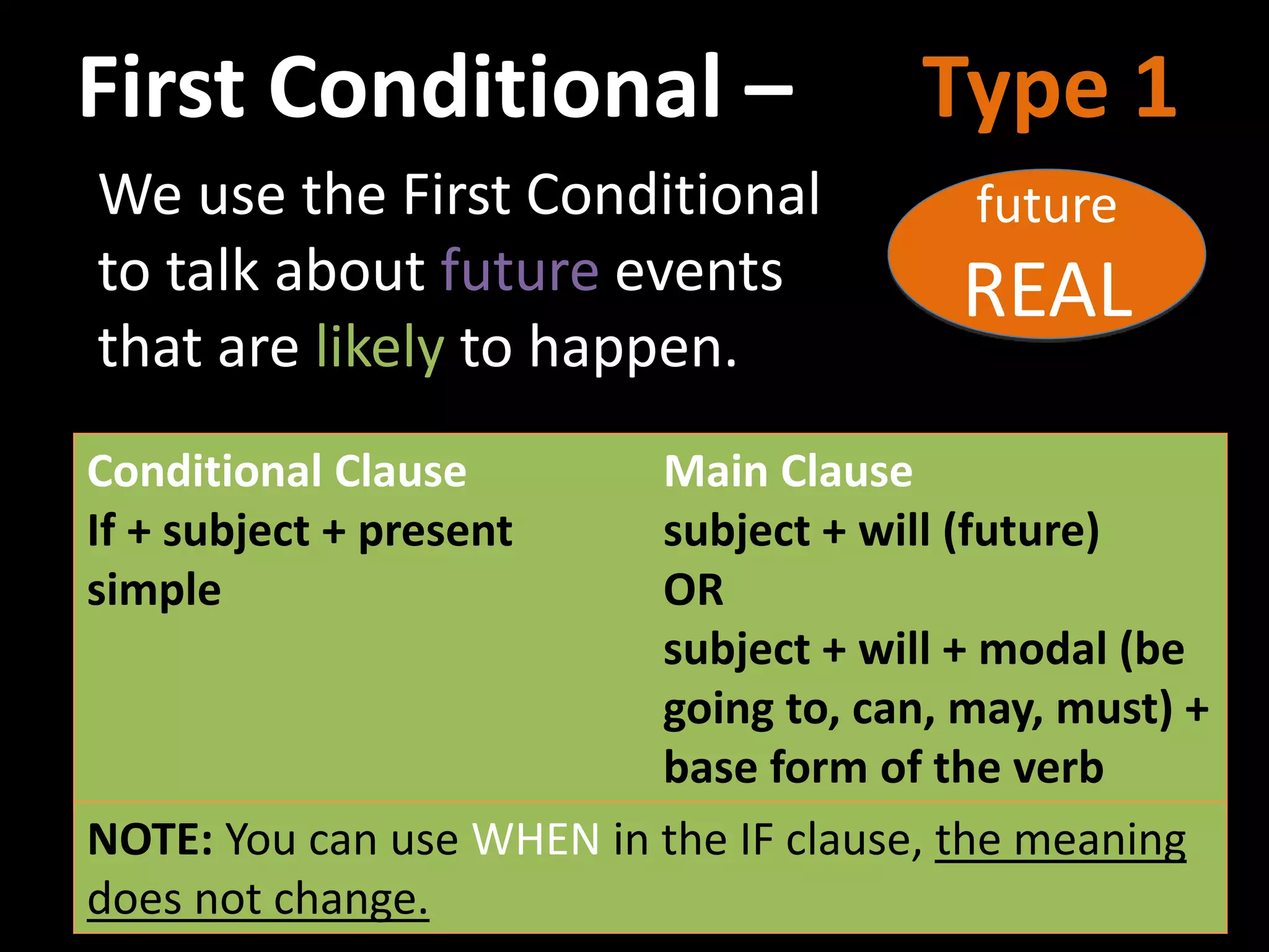 First Conditional – Type 1
We use the First Conditional
to talk about future events
that are likely to happen.
Conditional Clause
If + subject + present
simple
Main Clause
subject + will (future)
OR
subject + will + modal (be
going to, can, may, must) +
base form of the verb
NOTE: You can use WHEN in the IF clause, the meaning
does not change.
future
REAL
 