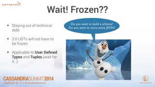 Wait! Frozen?? 
• Staying out of technical 
debt 
• 3.0 UDTs will not have to 
be frozen 
• Applicable to User Defined 
Types and Tuples (wait for 
it…) 
Do you want to build a schema? 
Do you want to store some JSON? 
 