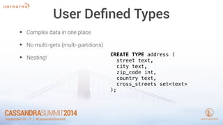 User Defined Types 
• Complex data in one place 
• No multi-gets (multi-partitions) 
• Nesting! CREATE TYPE address ( 
street text, 
city text, 
zip_code int, 
country text, 
cross_streets set<text> 
); 
 