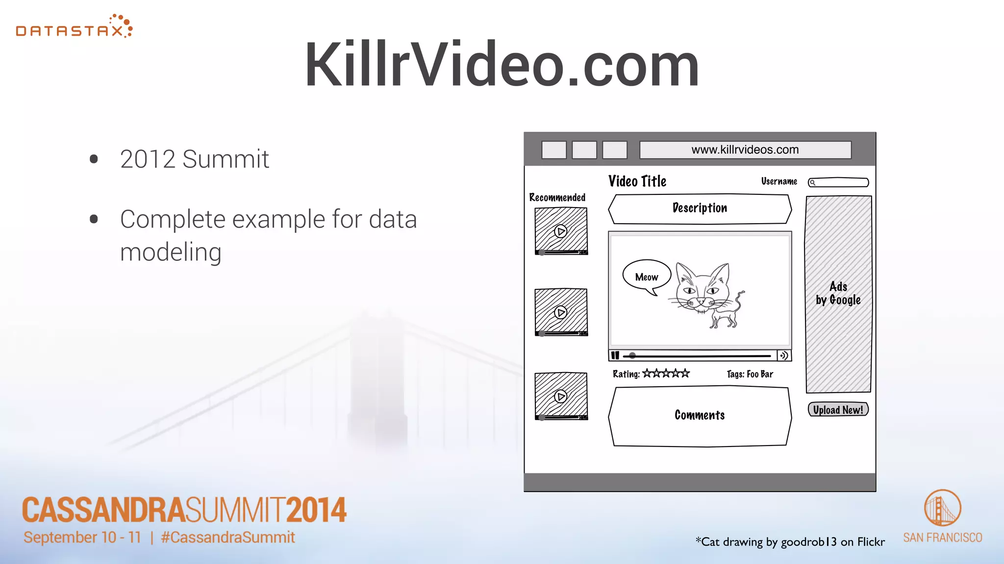 KillrVideo.com 
• 2012 Summit 
• Complete example for data 
modeling 
www.killrvideos.com 
Video Title 
Recommended 
Meow 
Ads 
by Google 
Description 
Comments 
Upload New! 
Username 
Rating: Tags: Foo Bar 
*Cat drawing by goodrob13 on Flickr 
 