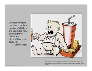 Childhood	
  obesity	
  
has	
  risen	
  sharply,	
  a	
  
quarter	
  of	
  children	
  
and	
  youth	
  are	
  now	
  
overweight	
  or	
  
obese,	
  and	
  
physical	
  ﬁtness	
  has	
  
declined.	
  	
  
–	
  Stats	
  Canada	
  
Statistics	
  Canada.	
  (2014)	
  Physical	
  activity	
  of	
  Canadian	
  Children	
  and	
  Youth,	
  
Accelerated	
  results	
  from	
  the	
  2007	
  to	
  2009	
  Canadian	
  Health	
  Measures	
  Survey.	
  	
  
Ottawa.	
  	
  
Image:	
  Anonymous	
  –	
  Mix	
  Bag	
  of	
  Rant	
  
 