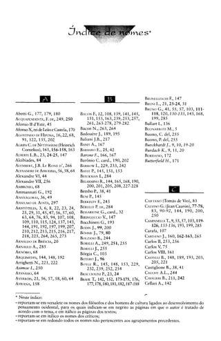 3,                                        es*




                                                                              BRUNELLESCHI   F., 147
                                                                              BRUNI 21,23-24, 31
                                                                                    L.,
                                                                                      G.,
                                                                              BRUNO 41, 55, 57, 103, 111-
Abetti G., 177, 179, 180                BACONF., 108, 139, 141, 145,
                                                      12,                        118,120,130-133,143, 168,
ACQUAPENDENTE,     F. D,' 249,250           151,153,163,239,253,257,             199,285
Afonso I1 d'Este, 45                        261,263-278,279-282               Bullart I., 136
Afonso X, rei de Leiio e Castela, 170   Bacon N., 263,264                     BUONARROTI    M., 5
AGOSTINH~   IIF HII'ONA,  16,22,68,     BadouGre J., 189, 195                 Buono, C. del, 255
   91,122,135,202                       Baliani J.B., 217                     Buono, P. del, 255
AGRIPA DE NFTTESHEIM
       C.                   (Heinrich   BANFI 167
                                              A.,                             Burckhardt I., 9, 10, 19-20
   Cornelius),161,156-158,163           BARBARO25,42E.,                       Burdach K., 9,11,20
ALBERTI 23,24-25, 147
        L.B.,                           Barone F., 166,167                    B U R I D A172 ,
                                                                                           N~
Alcibiades, 84                          BarSnio C. card., 190,202             Butterfield H., 171
ALEMBERT, LEROND 266
           J.B.              I)',       BARROW229, 233,242
                                                   I.,
ALEXANDRE  DE AFROD~SIA,   56,58,64     BAYIX 145, 151, 153
                                              P.,
Alexandre VI, 44                        BEECKMAN       I., 284
Alexandre VII, 256                      BELARMINO      R., 144,165,168,190,
AMBR~SIO,   68                              200,201,205,208,227-228
Ammannati G., 192                       Bembo P., 38,41
ANAXAG~RAS,     36,49                   BENI 145
                                             P.,
ANSELMOAOSTA,
          DE           297              BERKELEY     F., 243                  CAIETANO   (Tomas de Vio), 83
ARIST~TELES, 8, 22, 23, 24,
               3, 6,                    BERULI. DE,
                                                F P         284               CAIVINO(Jean Cauvin), 77-78,
                                                                                       G.
   25,29,31,45,47,56,57,60,             BESSAIW>NE      G., card., 32            83, 90-92, 144, 190, 200,
   63, 64, 76, 83, 94, 107, 108,        BIRINGUCCIO       V., 147                250
    109,110,115,124,137,143,            Bocchineri G., 193                    CAMPANEILA   T., 9,55,57,103,119-
    144,191,192, 197,199,207,                  J.,
                                        BODIN 99, 200                            126,133-136, 193, 199,285
   210,212,213,215,216,217,             BOHME 79,80
                                                 J.,                          Carafa, 107
   218,225,264,265,273                  BOI.ZANO 244B.,                                 J., ~
                                                                              C A R D A N160, 162-163, 265
A R N A LDE ~
           D BR~SCIA,    20             BORELLI 249,251,255
                                                  A.,                         Carlos 11, 253,256
AKNAULI) 285
          A.,                                     J.,
                                        BORELLI 255                           Carlos V, 75
A K N ~ B 68 ,
          IO                            B6rgia C., 103                        Carlos VIII, 161
ARQUIMEDES, 148, 192
               144,                               J.,
                                        B ~ T E K O96                         CASTELLI 148, 189, 193, 203,
                                                                                       B.,
Arrighetti N., 221, 222                          R.,
                                        BOYLE 145, 148, 153, 229,                205,221
Asimov I., 250                              232,239,252,254                   Castiglione B., 38,41
ATANASIO,  64                           BRA(:C:IOLINI 24 P., 23,              CAUCHY 244
                                                                                       A.L.,
AVERR~IS, 57, 58, 60, 64
           21, 56,                             T.,
                                        BRAHE 142, 152, 173-175, 176,         CAVALIERI B., 211,242
AVICENA,  158                               177,178,180,181,182,187-188       Cellari A., 142


* Neste indice:
-reportam-se em versalete os nomes dos fil6sofos e dos homens de cultura ligados ao desenvolvimento do
  pensamento ocidental, para os quais indicam-se em negrito as piginas em que o autor e tratado de
  acordo com o tema, e em itilico as piginas dos textos;
-reportam-se em itilico os nomes dos criticos;
-reportam-se em redondo todos os nomes n5o pertencentes aos agrupamentos precedentes.
 