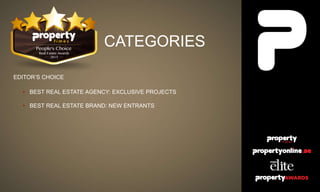 CATEGORIES
EDITOR’S CHOICE
• BEST REAL ESTATE AGENCY: EXCLUSIVE PROJECTS
• BEST REAL ESTATE BRAND: NEW ENTRANTS
 